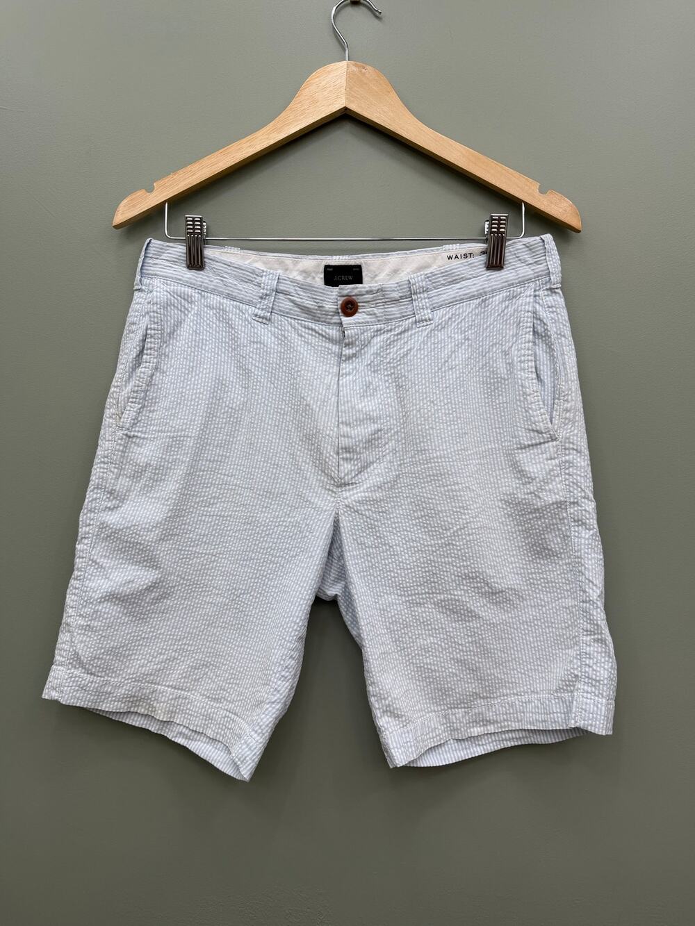 J.Crew Seersucker Shorts Blue White Stripe Flat Front Size 30